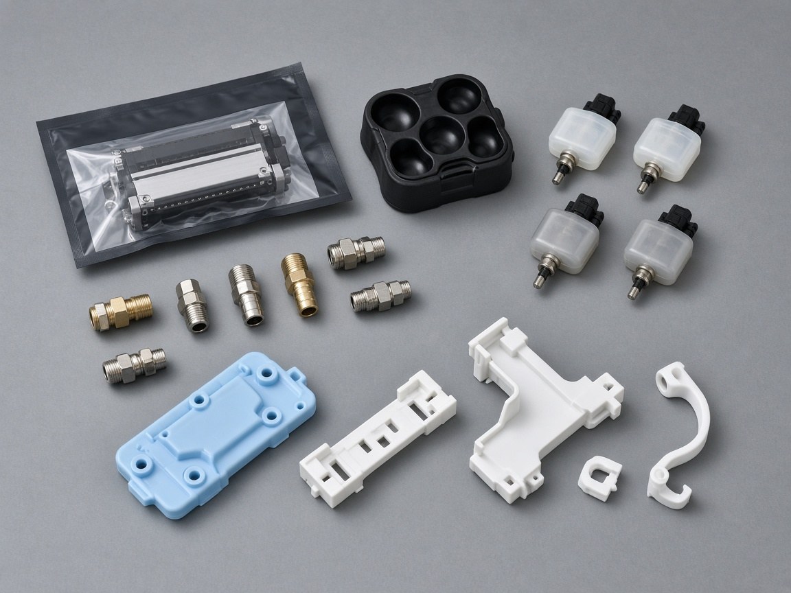 DTF printer spare parts including printheads, capping stations, dampers, and cables on a plain background.